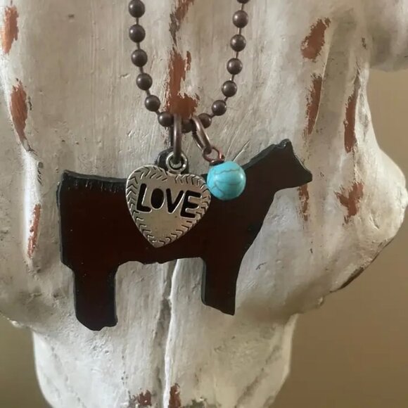 Jewelry - Rustic Steer Cow Necklace with Love Charm and Bead Copper NWT